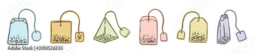 Colorful tea bags hand-drawn doodle set. Isolated sketch icons of various tea bag shapes in pastel colors. Minimalist flat vector illustration for organic herbal tea packaging and cafe menu.