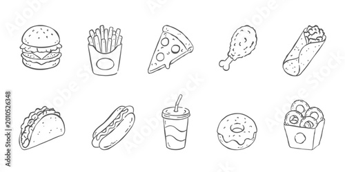 Hand-drawn sketch set of fast food icons. Minimalist black and white vector illustrations of burger, pizza, fries, hot dog, and snacks. Isolated doodle elements for restaurant menu and web design.
