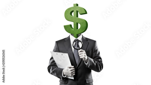 Businessman with dollar sign head holding clipboard and magnifying glass, isolated on transparent background