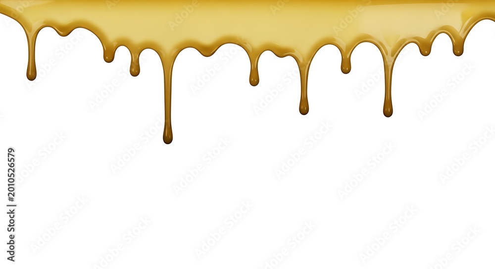 Fototapeta premium Golden liquid dripping down against white background