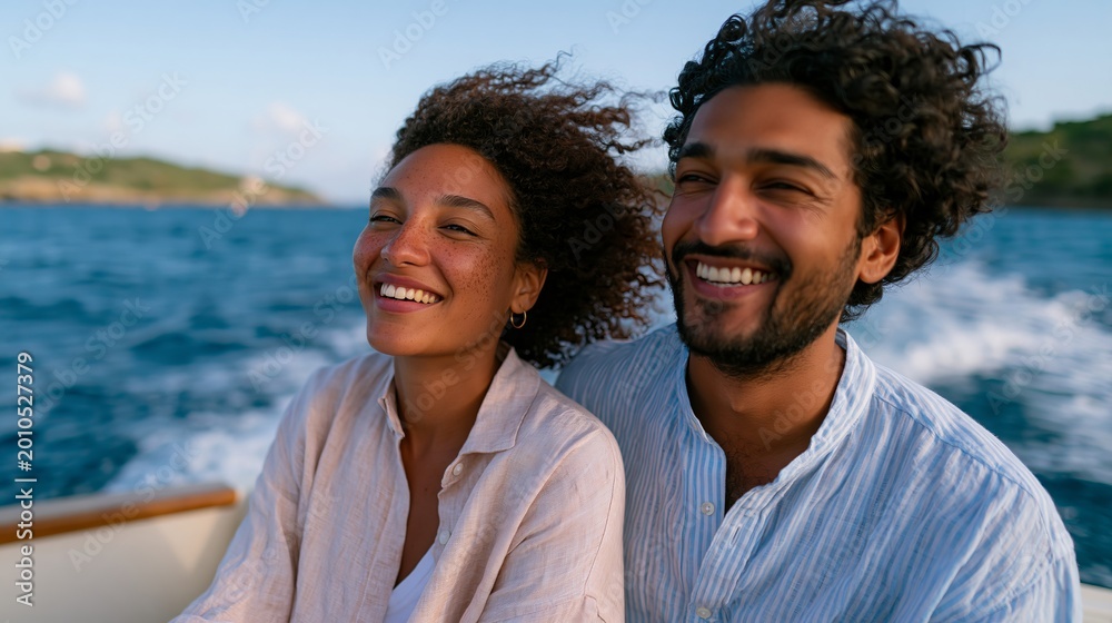 Obraz premium Young couple with curly hair enjoying a boat ride on a sunny day, smiling and laughing together against a backdrop of blue water and distant hills