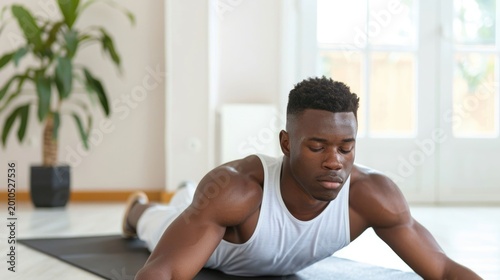 Focused Black man with closed eyes lying on a yoga mat engaging in a calming exercise or meditation session indoors bathed in natural sunlight promoting health and well being