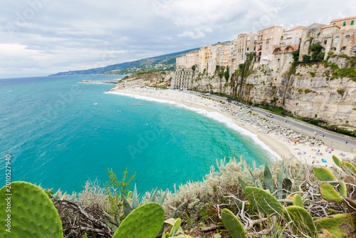 Canvastavla Tropea town and beach coastline of Tyrrhenian Sea with turquoise water, colorful