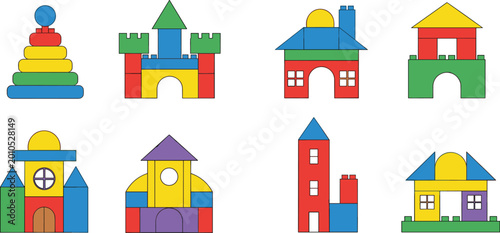 Fotografia Colorful toy houses and castle buildings set, simple geometric architecture made