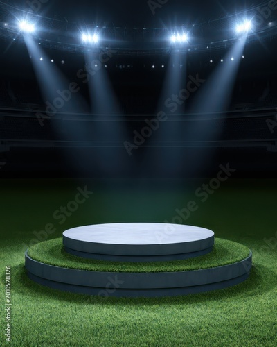 3D podium mockup for sports product display, green turf base, stadium lights pointing at the center, empty stage