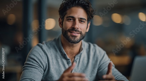 Confident man gesturing while speaking in modern office. Business communication, professional discussion, and corporate leadership concept.