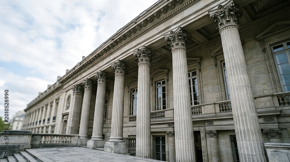 Fototapeta premium Grand neoclassical building facade with tall columns under dramatic cloudy sky, architectural elegance