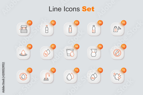 Set line Water drop, tap, Recycle clean aqua, forbidden, Jug glass with water and Glass icon. Vector
