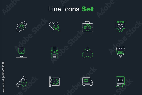 Set line Patient record, Ambulance car, Emergency - Star of Life, Test tube with blood, IV bag, Lungs, DNA symbol and Location hospital icon. Vector