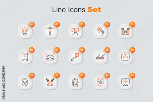 Photos Set line Crusade, Shield with crown, Medieval throne, swords, helmet, catapult and Mace spikes icon