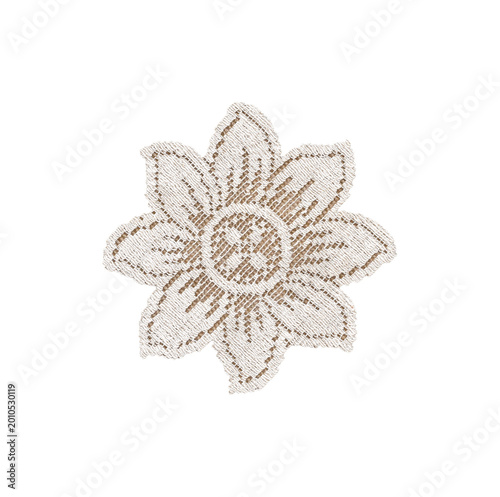 Small light beige embroidered flower applique isolated on transparent background. Decorative textile element ideal for design mockup, branding, wedding stationery, or fabric embellishment.