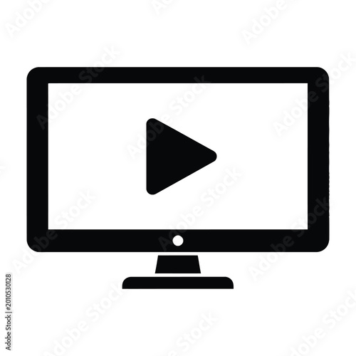 Black play button on computer monitor icon