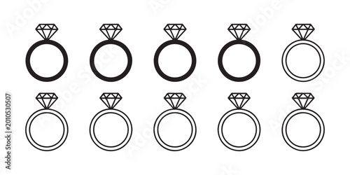Tableau sur toile Set of Diamond Engagement Ring Icons in Minimalist Line Art Style