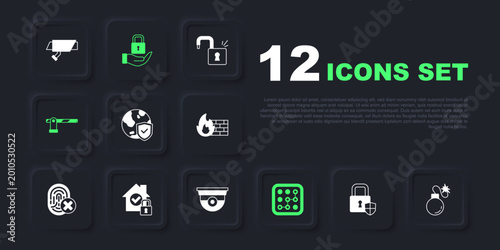 Set Shield security with lock, Bomb, world globe, Graphic password protection, Parking car barrier, House under, Lock and Security camera icon. Vector
