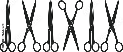 Set of black scissor icons for hair salon or stationery craft tools.