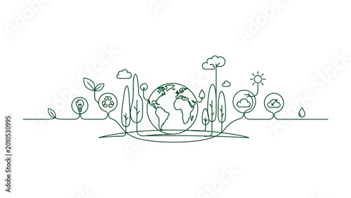 Картината върху платно Earth's Embrace: A delicate line art illustration depicts the Earth at the heart of a flourishing ecosystem