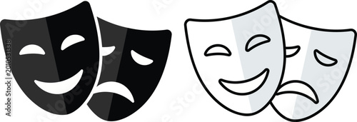 Comedy and tragedy theater masks set with dramatic highlights and shadows representing performance arts.