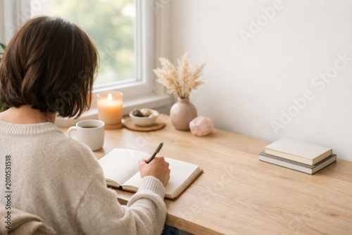 Woman with short dark hair writing in a notebook at a wooden desk near a window with a coffee mug, a candle, a vase of dried flowers, and crystals