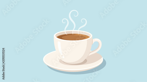 Hot coffee cup icon with steam on a soft blue background.