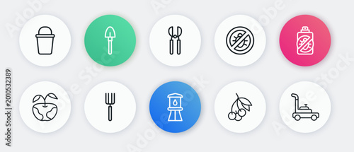 Foto Set line Water tower, Spray against insects, Apple, Fresh berries, Stop colorado beetle, Gardening scissors, Lawn mower and pitchfork icon