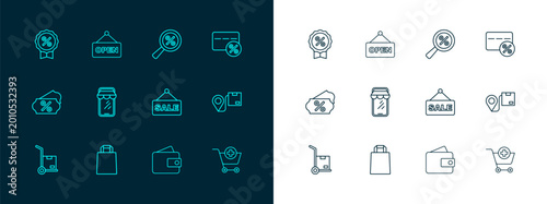 Set line Discount card with percent, Paper shopping bag, Hanging sign text Sale, Wallet, Online on phone, Magnifying glass, tag and Open icon. Vector