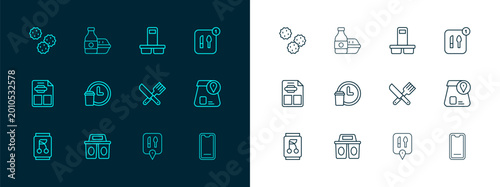 Set line Food ordering, Coffee cup to go, Crossed knife and fork, Cafe restaurant location, Round the clock delivery, Cookie biscuit and Online food icon. Vector