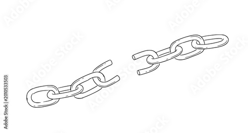 Duo-tone sketch of a broken chain link against a white background with hand drawn black and white breaking illustration separation disconnect