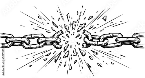 Hand-drawn illustration of a heavy metal chain breaking apart with explosive fragments breaking illustration explosion fragments separation weakness