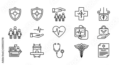 Healthcare Icons Set - Medical Insurance and Health Protection Line Art