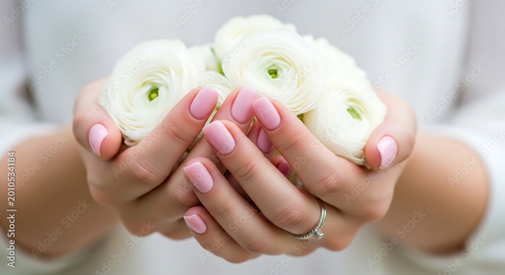 Naklejka premium elegant closeup of hands gently holding delicate white ranunculus flowers in soft natural light showcasing fresh petals and subtle wedding ring for romantic bridal bouquet photography inspiration