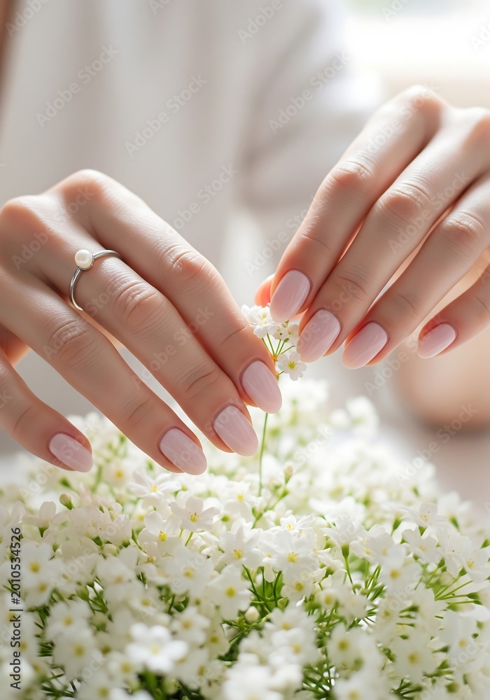 Fototapeta premium Elegant closeup of delicate hands gently arranging fresh white bridal bouquet flowers with soft natural lighting creating romantic wedding preparation atmosphere perfect for bridal photography