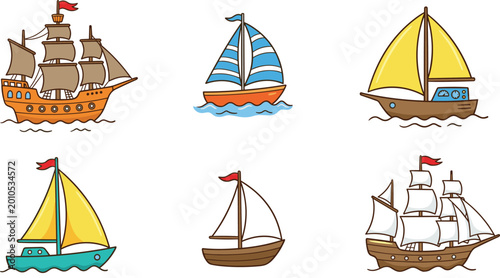 Foto Set of hand drawn cartoon ships and sailing boats including galleons and yachts