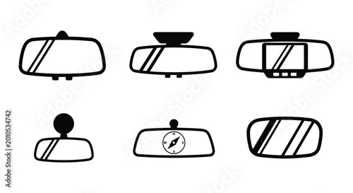 Rearview mirror icons set black silhouette on white background