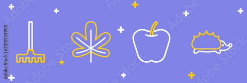 Slika na platnu Set line Hedgehog, Apple, Chestnut leaf and Garden rake icon