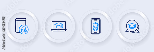 Set line Graduation cap in speech bubble, Online education with diploma, laptop and Audio book icon. Vector