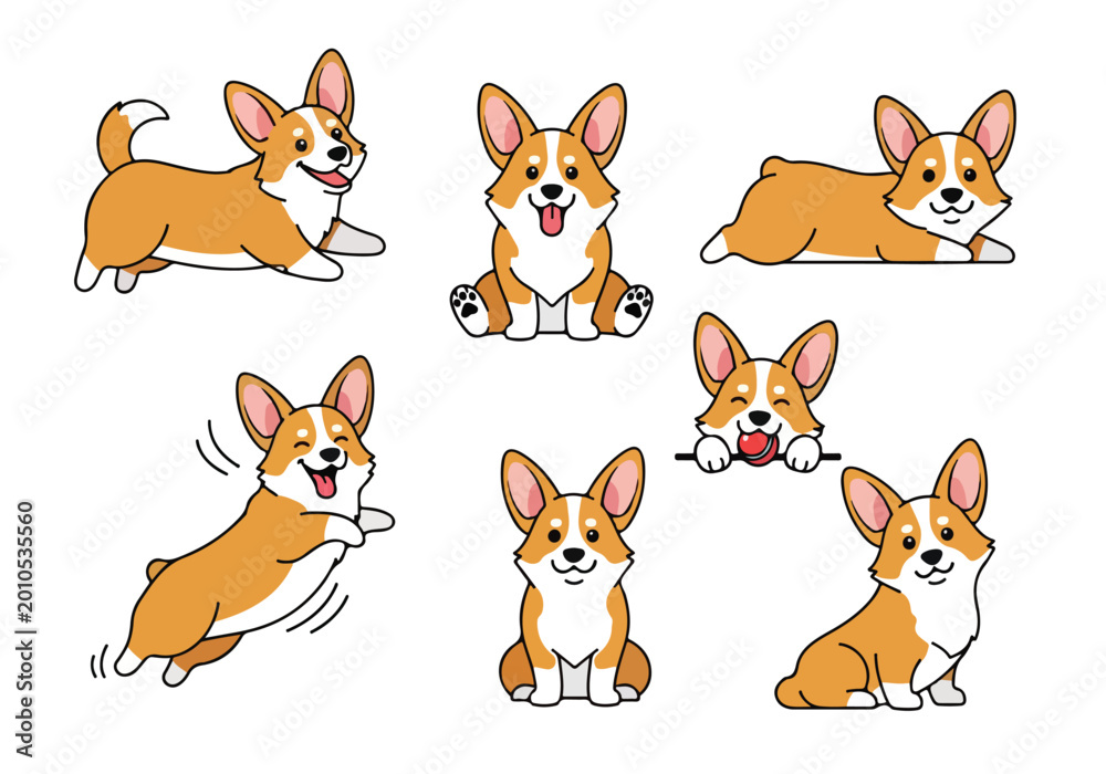 Fototapeta premium Collection of adorable cartoon corgi dog illustrations in various playful poses and expressions