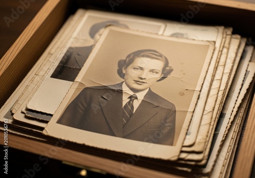 Vintage black and white portrait of a young person in a suit, stored in a wooden box