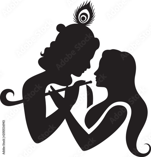 Krishna Playing Flute for Radha in Love Silhouette white background
