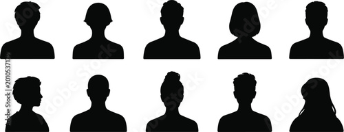 Photos Set of ten black silhouettes of diverse human heads and shoulders in profile and