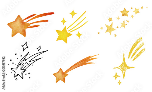 фотографія Several comets and a planet depicted in a hand drawn illustration style with sta