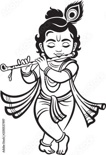 Krishna Playing Flute in Traditional Indian Outfit white background