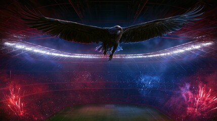 A bald eagle soaring over a massive modern soccer stadium, red and blue pyrotechnics in the crowd, epic cinematic sports photography