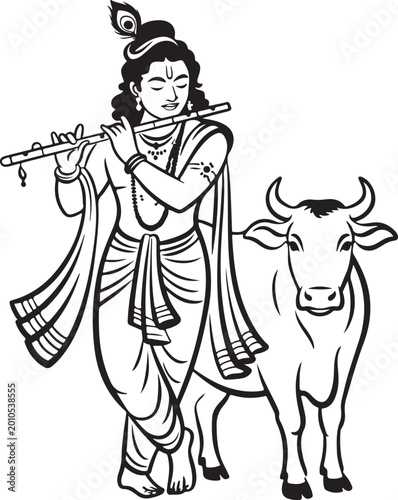 Krishna Playing Flute with Cow in Black and White Illustration white background