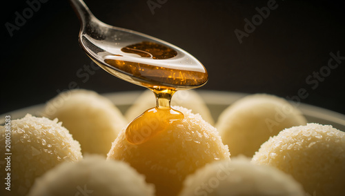 Honey dripping from spoon onto sweet dessert balls with food photography with food preparation with food texture with bee product with coconut flakes with round shape with food serving