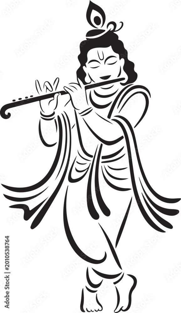 Fototapeta premium Krishna Playing Flute in Traditional Indian Attire Isolated on White