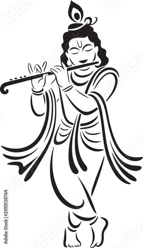 Krishna Playing Flute in Traditional Indian Attire Isolated on White