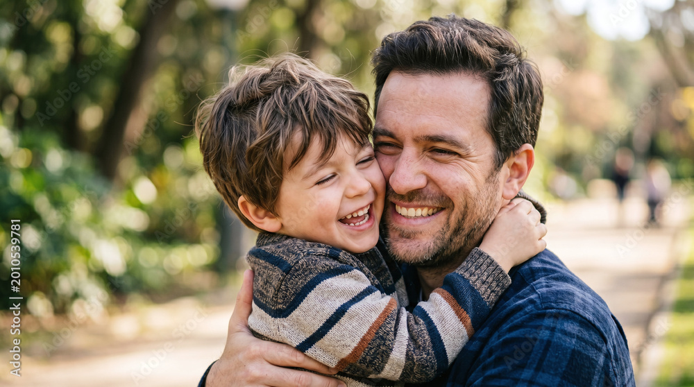 Fototapeta premium A joyful father hugs his young son in a park. The father has dark hair and a beard, while the son has curly brown hair and is smiling widely.