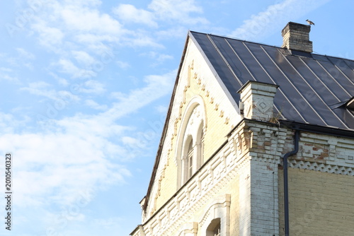 Doles Manor House, Latvia. Historic manor roof detail on a sunny day. Warm sunlight highlights aged roof tiles and traditional architecture, showcasing heritage, texture, and timeless European country