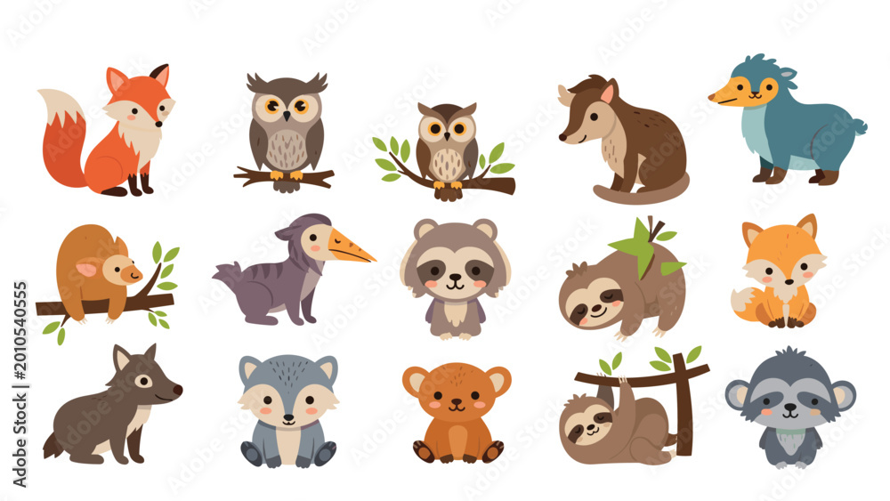Fototapeta premium Extensive collection of adorable cartoon woodland and jungle animals including foxes, owls, raccoons, and sloths on a white background.
