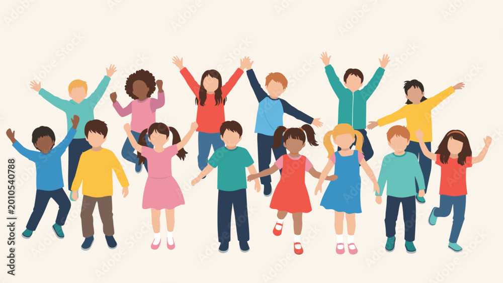 Fototapeta premium Large group of diverse children raises their arms in excitement and cheers together against a light neutral background in a flat style.
